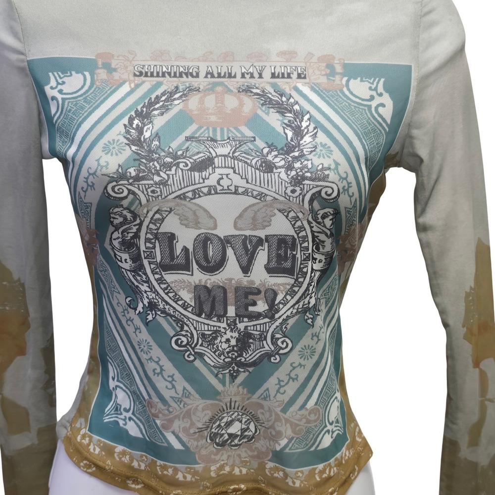 Women Love Me Graphic Mesh Long Sleeve Top Sage Green Y2K Grunge XS 2 - Picture 3 of 10